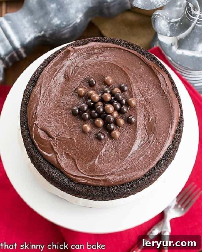 Ding Dong Cake - 2 thick moist chocolate cake layers filled with vanilla cream and topped with caramel infused ganache Overhead view of chocolate ding dong cake recipe.