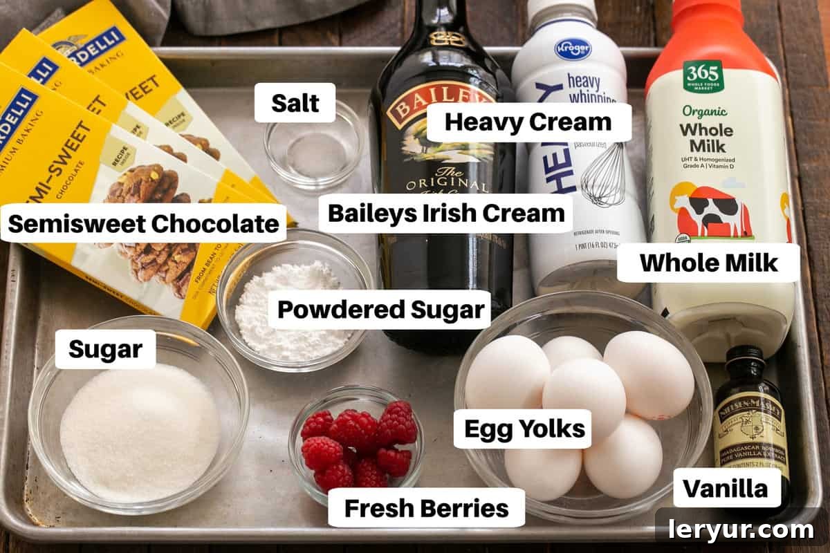 Irish Cream Pots de Creme - Rich and silky pots de creme flavored with Irish cream Irish Cream Pots de Creme ingredients with labels on a sheet pan.