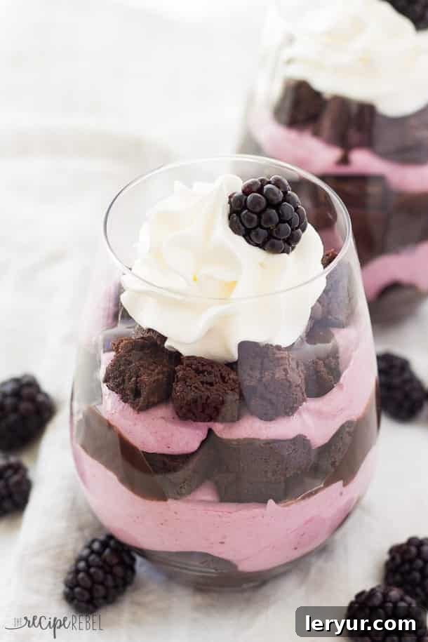 Chocolate Blackberry Cheesecake Trifles, individual swoon-worthy desserts.