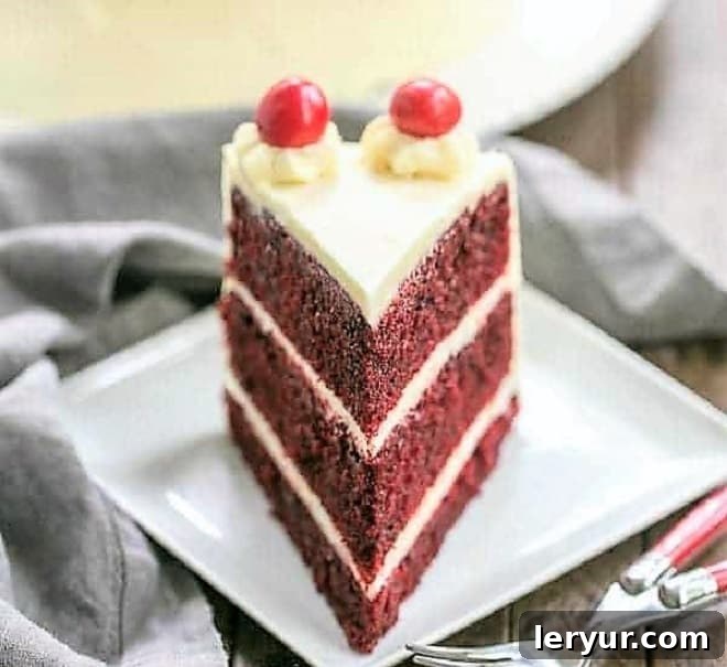 Red Velvet Cake with White Chocolate Cream Cheese Frosting, three moist layers.