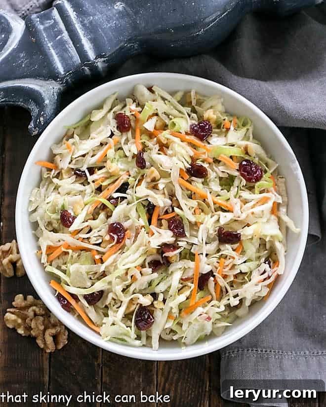 Zesty No-Mayo Coleslaw 2 Overhead view of a beautiful, vibrant Easy No-Mayo Coleslaw in a white serving bowl, garnished with cranberries and walnuts.