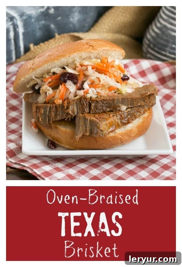 Texas brisket is typically a cut of beef that is smoked for a long time at a low temperature. When that's not possible, make this easy oven braised Texas brisket recipe for big, bold flavor in a juicy oven cooked beef brisket! titled photo collage - Oven Braised Texas Brisket