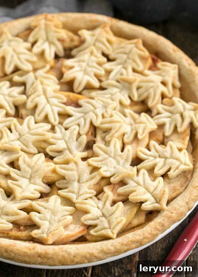 Close up of top crust of leaf topped apple pie, showcasing the intricate pastry leaf design.