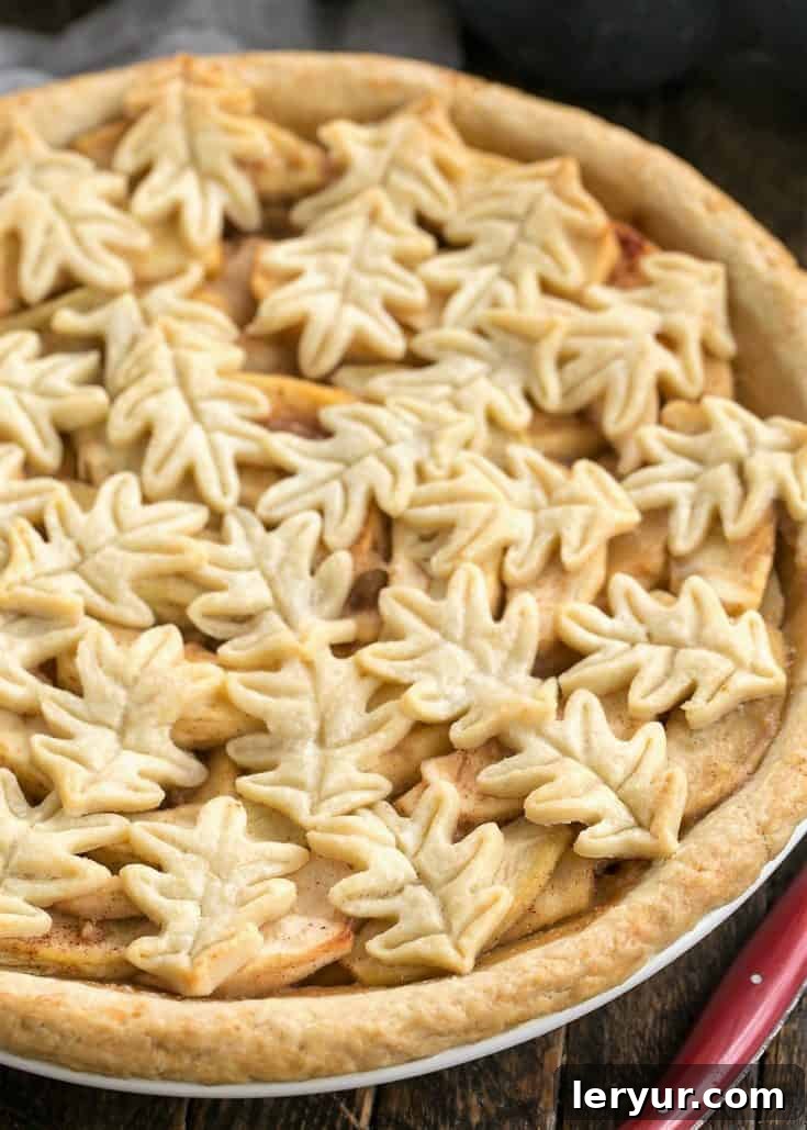 Close up of top crust of leaf topped apple pie before baking, showing raw pastry leaves.