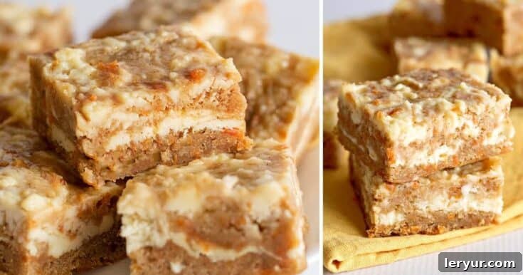 Irresistible carrot cake bars, moist and spiced, topped with decadent swirls of tangy cream cheese frosting for a classic spring dessert.