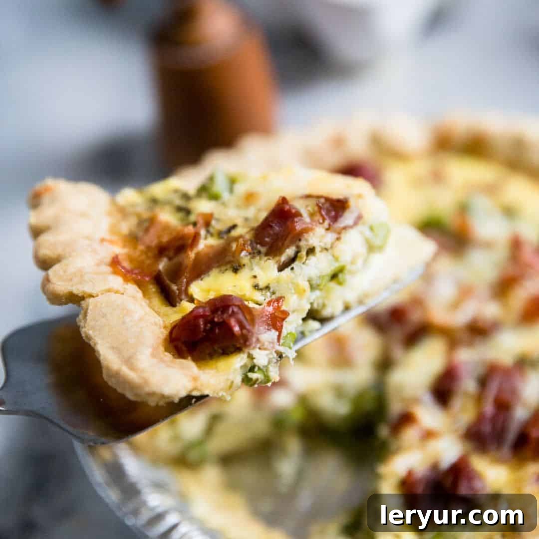 An easy and delicious quiche recipe featuring a flaky crust, creamy egg custard, savory pancetta, and tender asparagus, perfect for breakfast or brunch.