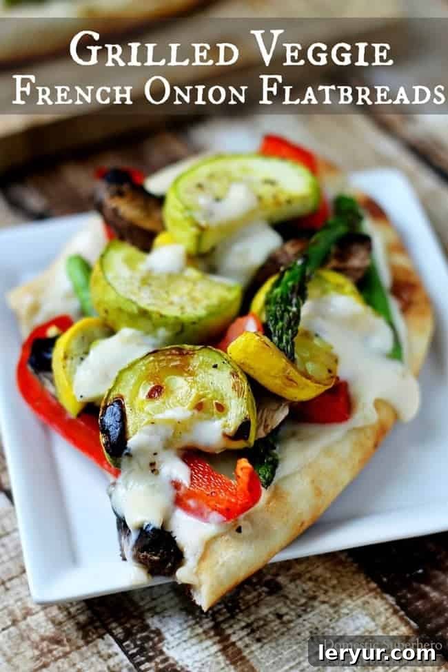 Savory grilled French onion flatbreads topped with a colorful assortment of fresh spring vegetables, making a perfect appetizer or light meal.