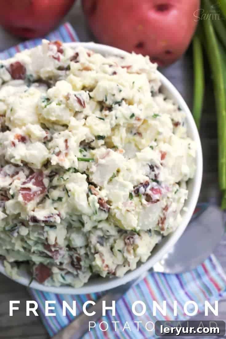 Hearty potato salad infused with the savory flavor of French Onion Dip and crispy bacon, a guaranteed crowd-pleaser for any gathering.