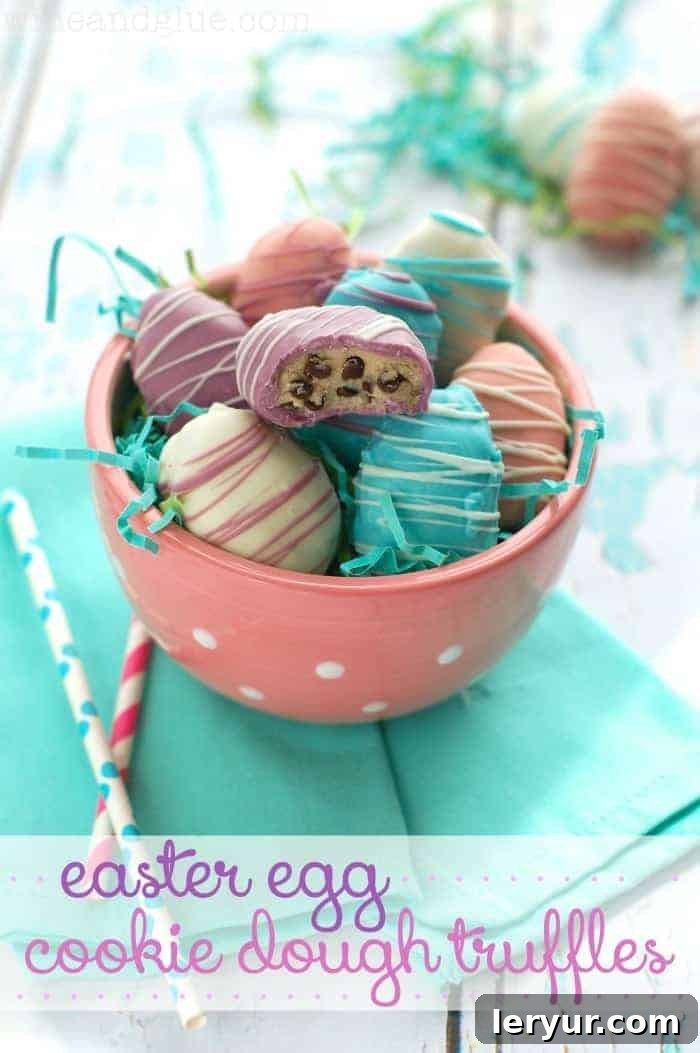 Adorable egg-shaped truffles filled with rich, edible cookie dough, beautifully decorated for a fun and festive Easter treat.