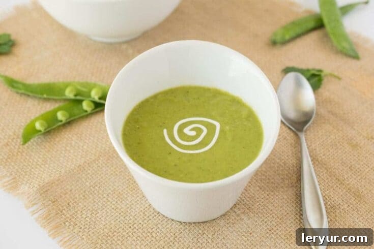Velvety creamy soup made with the delicate sweetness of spring peas and bright, refreshing mint, offering an elegant start to any meal.