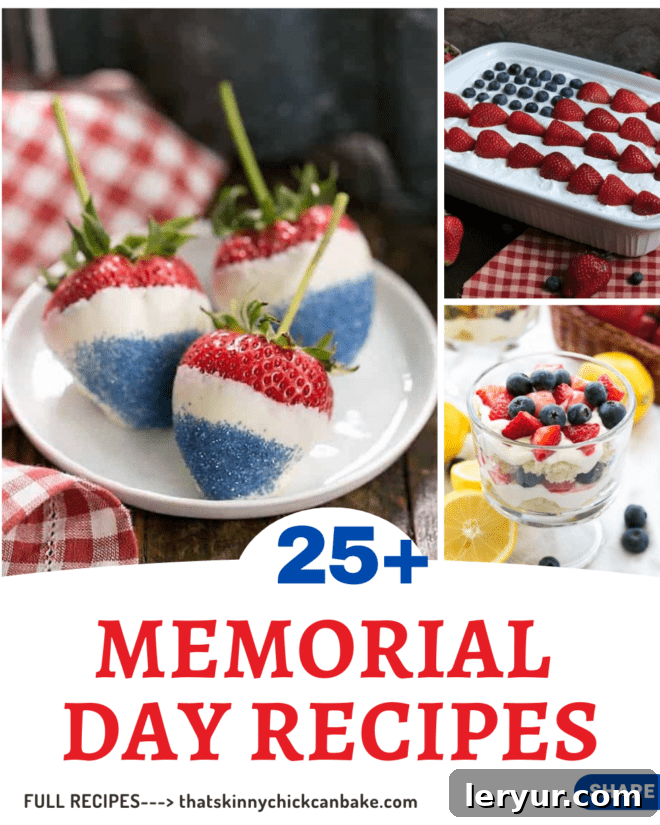 A vibrant collage of Memorial Day dishes featuring a red, white, and blue theme, perfect for patriotic celebrations and summer picnics.