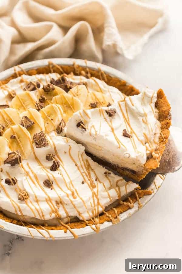Decadent No-Bake Reese's Peanut Butter Chocolate Banana Cream Pie, artfully layered and topped with whipped cream.