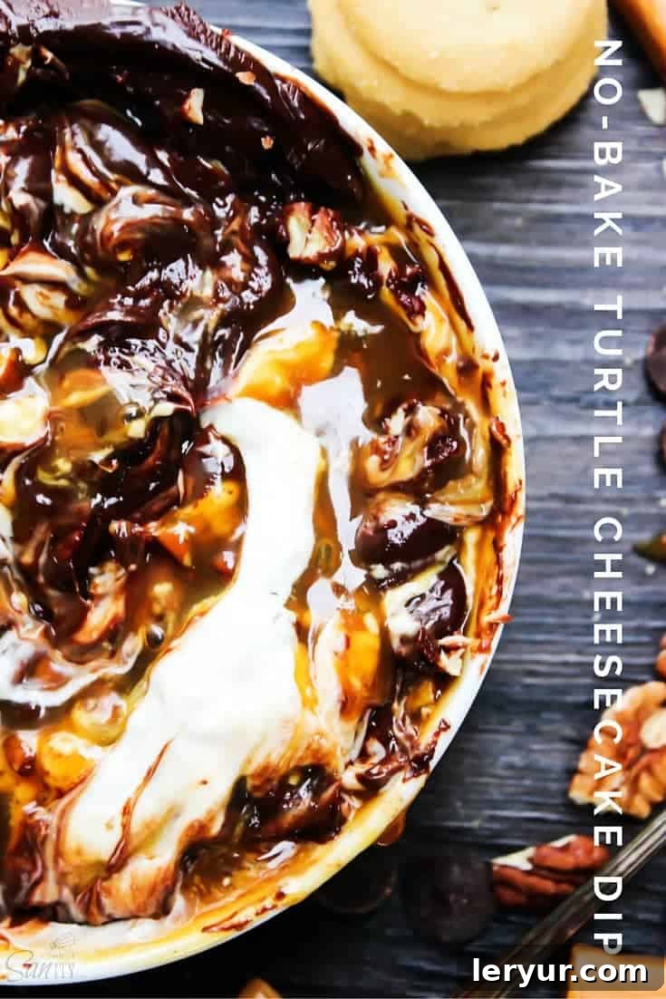 Rich No-Bake Turtle Cheesecake Dip, with drizzles of caramel and chocolate, garnished with pecans.