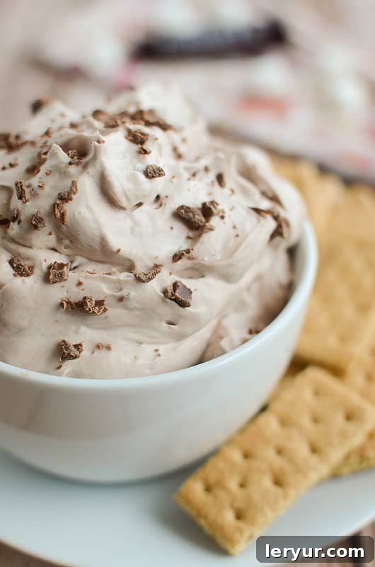S'mores Fluff in a serving bowl, topped with toasted marshmallows, chocolate chunks, and graham cracker crumbs.