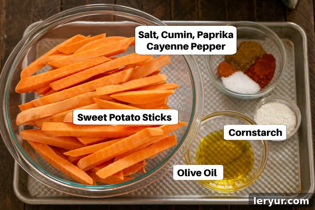 Sweet Potato Fries Ingredients with labels on a sheetpan.