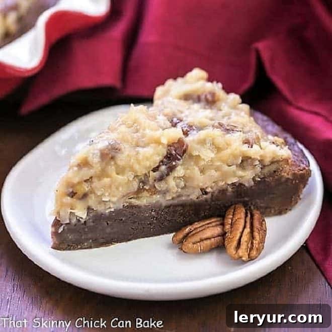 A fudgy brownie topped with a German Chocolate frosting recipe for a rich, delicious treat! German Chocolate Brownie Pie slice on a white dessert plate