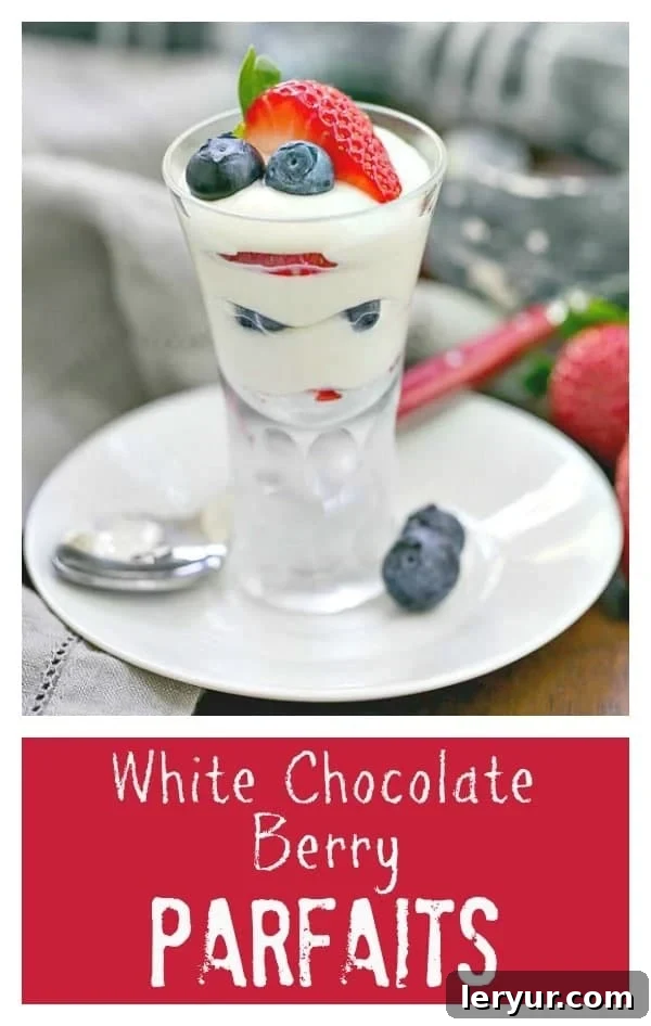 White Chocolate Berry Parfaits - Luscious ripe berries layered with a Frangelico spiked white chocolate mousse White Chocolate Berry Parfaits photo collage featuring various angles, garnishes, and close-ups, ideal for a visually appealing Pinterest pin.