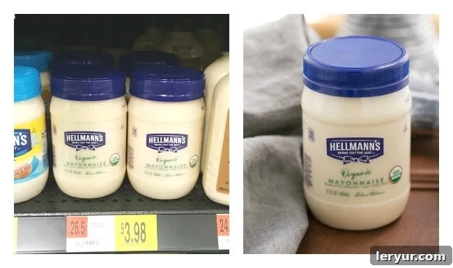A jar of Hellmann's Organic Mayonnaise, suggesting its availability at Walmart and its quality for culinary uses.