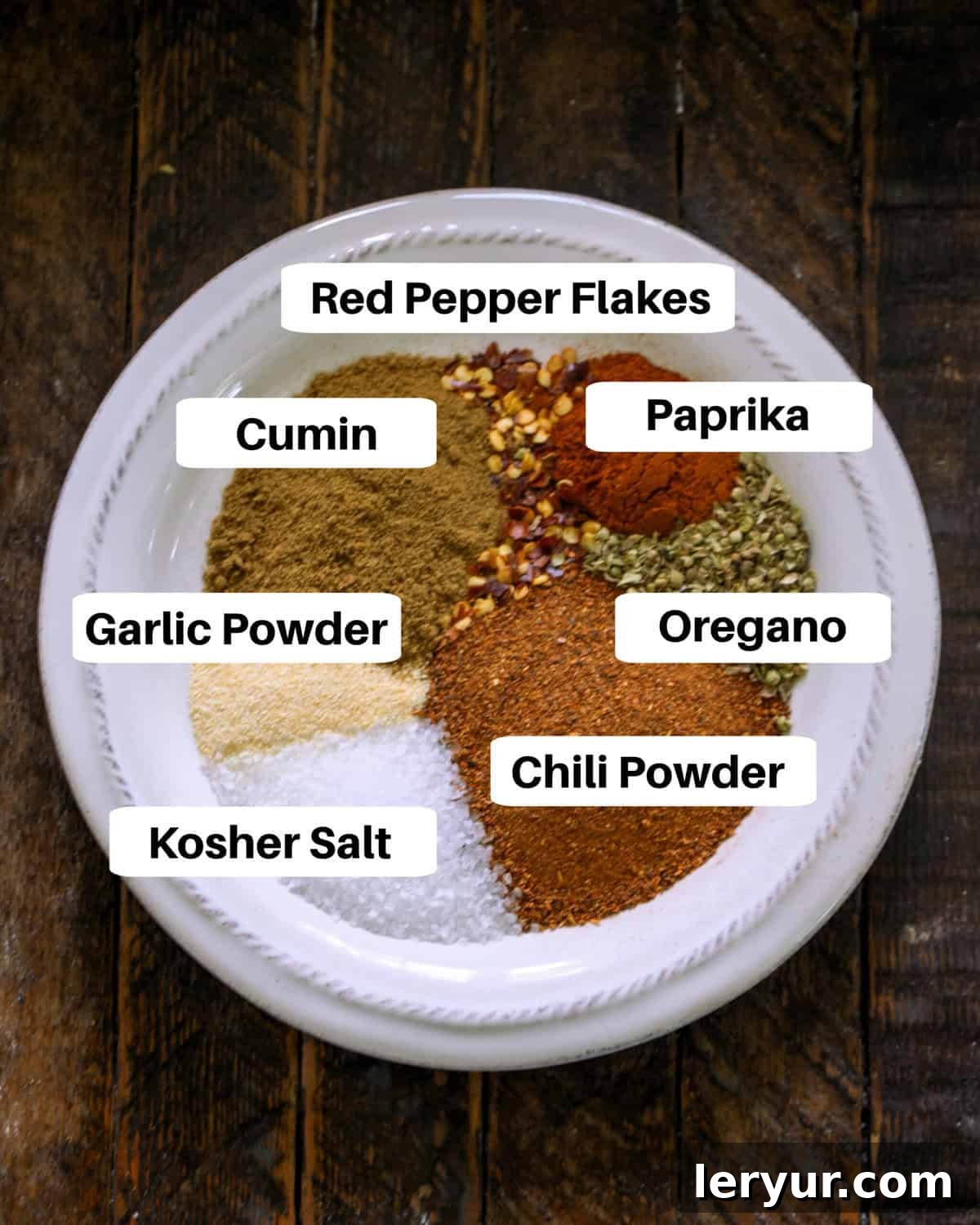 Taco Seasoning Ingredients on a white plate with labels.