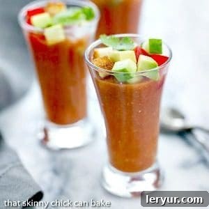 Gazpacho Shooters | Appetizer size portions of the classic Spanish gazpacho, beautifully arranged and garnished for a summer party.