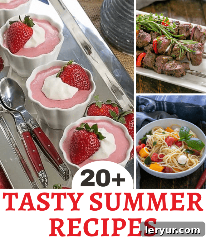 A collage featuring three mouth-watering summer dishes: a vibrant corn dip, a fresh garden salad, and a luscious berry dessert, framed by a text box titled 'My Favorite Summer Recipes' with hashtags for holidays and grilling.