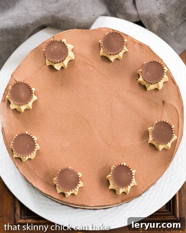 An overhead shot of the completed Peanut Butter Chocolate Mousse Cake, elegantly decorated with peanut butter rosettes and mini Reese's cups, presented on a round white serving plate.