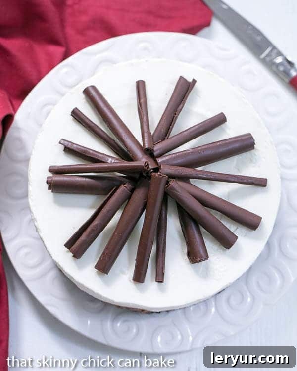 Triple Chocolate Mousse Pie overhead view on a white ceramic plate garnished with chocolate curls