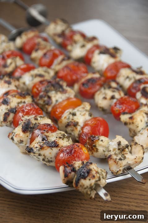 Grilled Pesto Chicken and Tomato Kabobs, full of summer flavors.