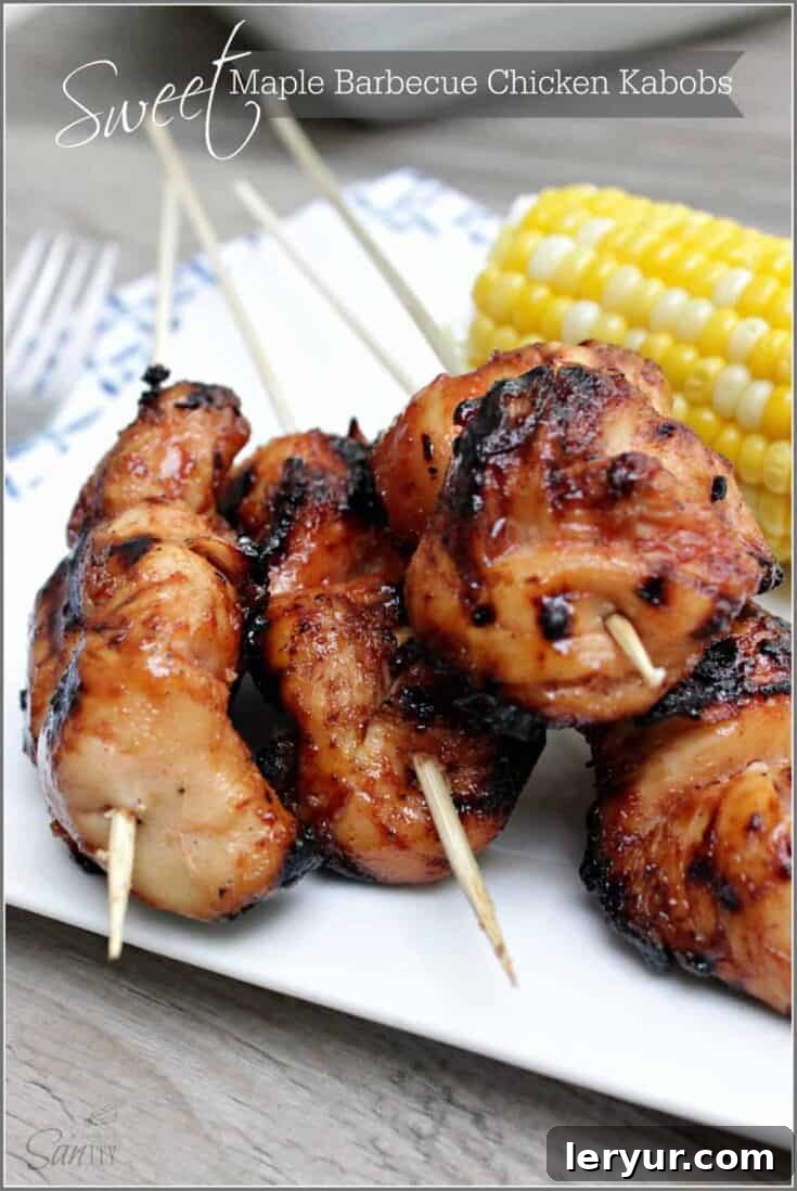 Sweet Maple Barbecue Chicken Kabobs, caramelized on the grill.