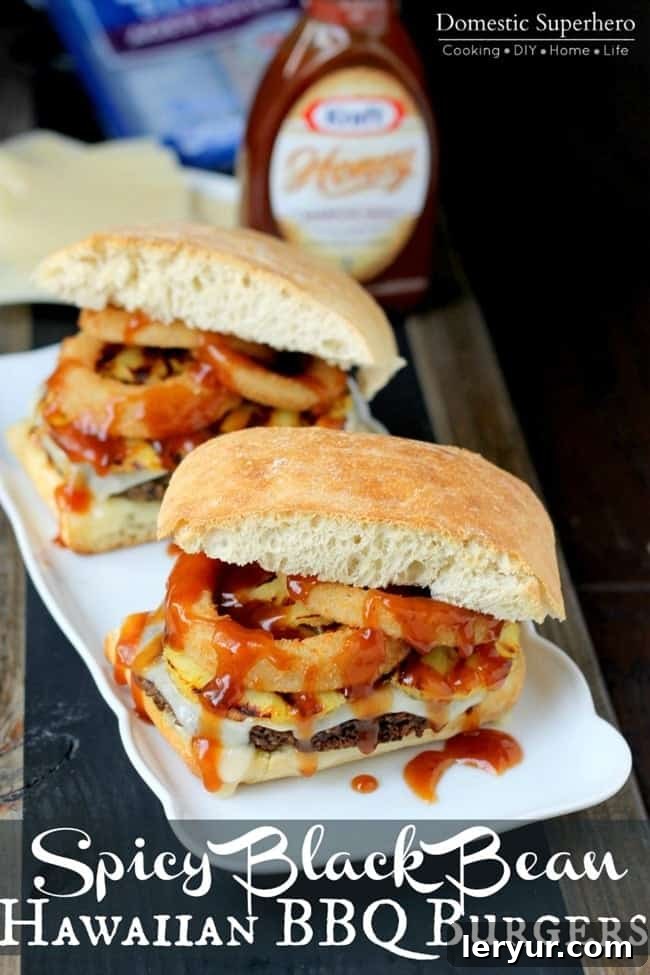 Spicy Black Bean Hawaiian BBQ Burgers, a delicious meatless alternative.