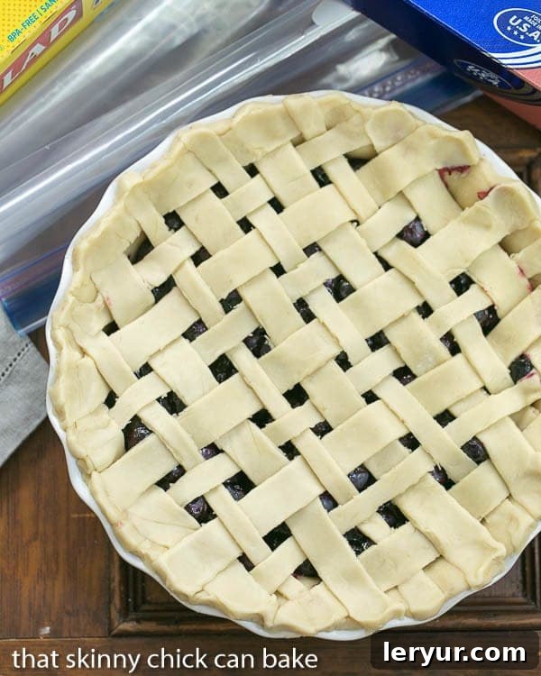 Freeze and Bake Blueberry Pie - Make an extra pie for the freezer and bake later! Freeze and Bake Blueberry Pie lattice crust viewed from above before baking