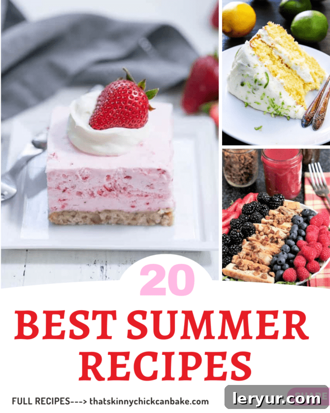 A collage of various delicious summer recipes including desserts, salads, and main dishes, set against a summer-themed background.