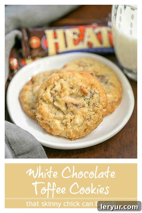 White Chocolate Toffee Chunk Cookies These oatmeal cookies are chock full of deliciousness! #cookies #whitechocolate #toffee #oatmealcookies #coconut #thatskinnychickcanbake White Chocolate Toffee Chunk Cookies Pinterest text and photo collage