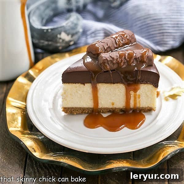 Twix Cheesecake - A dream cheesecake for chocolate and caramel lovers! A close-up of a Chocolate Caramel Twix Cheesecake slice, beautifully drizzled with extra caramel sauce.