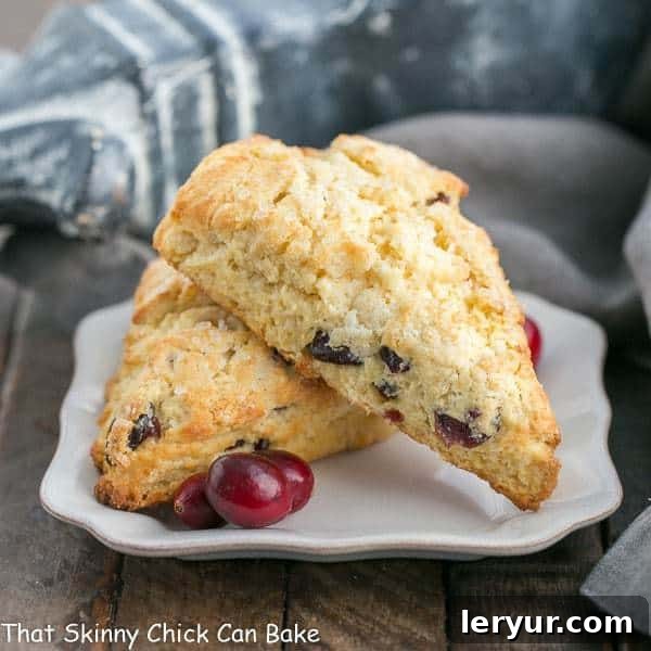 Cranberry Eggnog Scones on a square plate with fresh cranberries