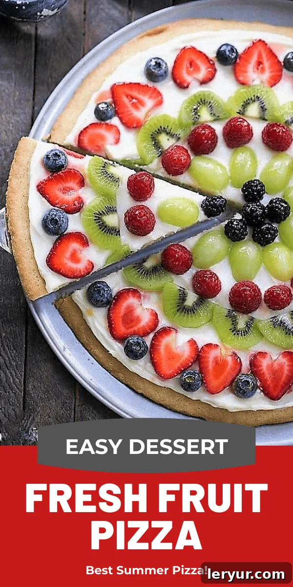 A collage of Fresh Fruit Pizza photos, showcasing different angles and a serving suggestion, with text overlay.