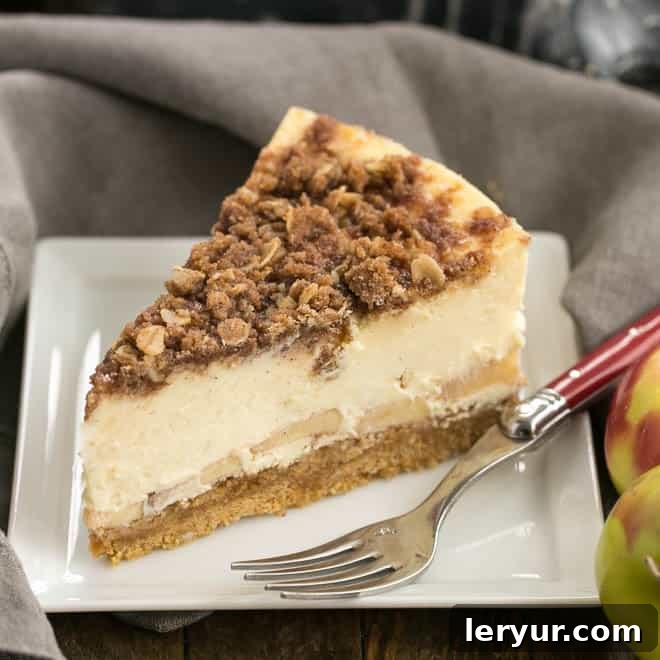A slice of apple crisp cheesecake with a crumbly topping and creamy cheesecake filling.