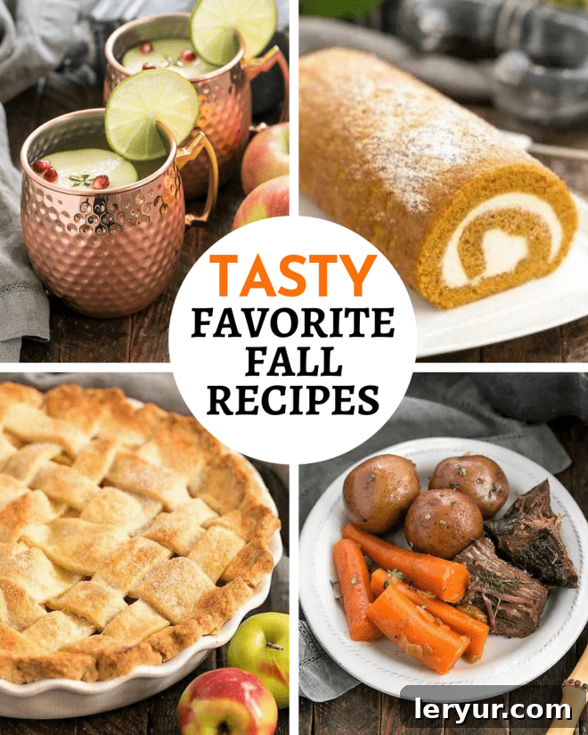 A collage of four different appealing fall recipes: a savory main course, a vibrant side dish, a rich dessert, and a comforting soup, all arranged around a title box.