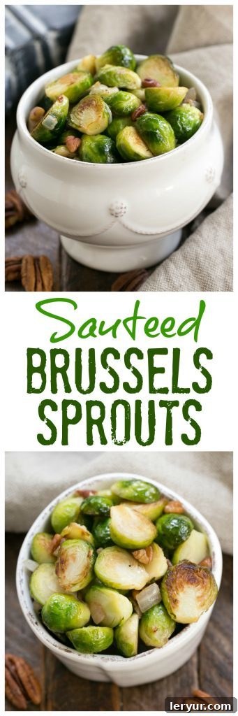 Two photos and one text box collage of sautéed Brussels sprouts, highlighting the ease and deliciousness of the recipe.