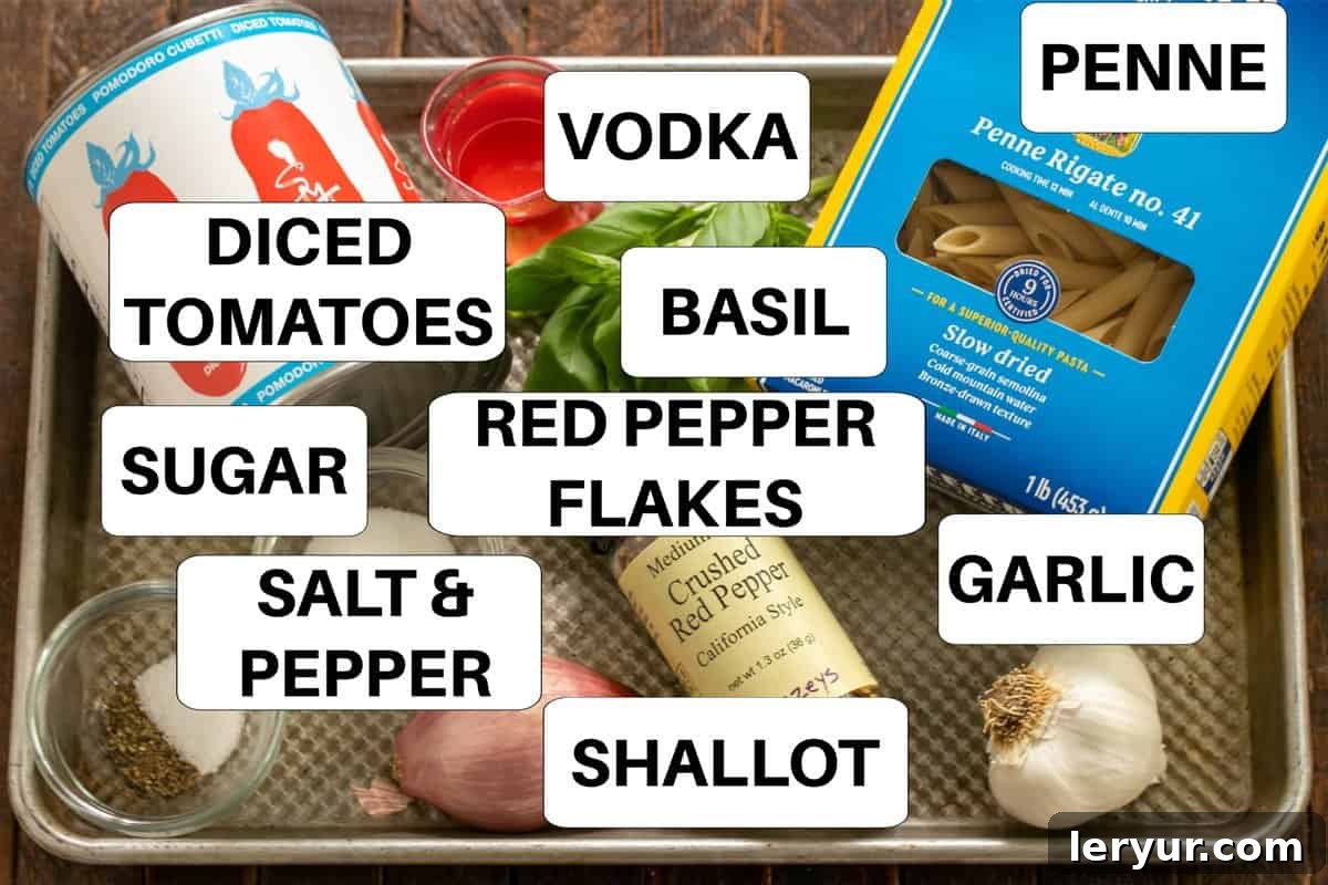 Penne alla Vodka ingredients laid out on a sheet pan with labels, including diced tomatoes, penne pasta, olive oil, garlic, shallots, red pepper flakes, sugar, salt, pepper, vodka, heavy cream, basil, and Parmesan cheese.