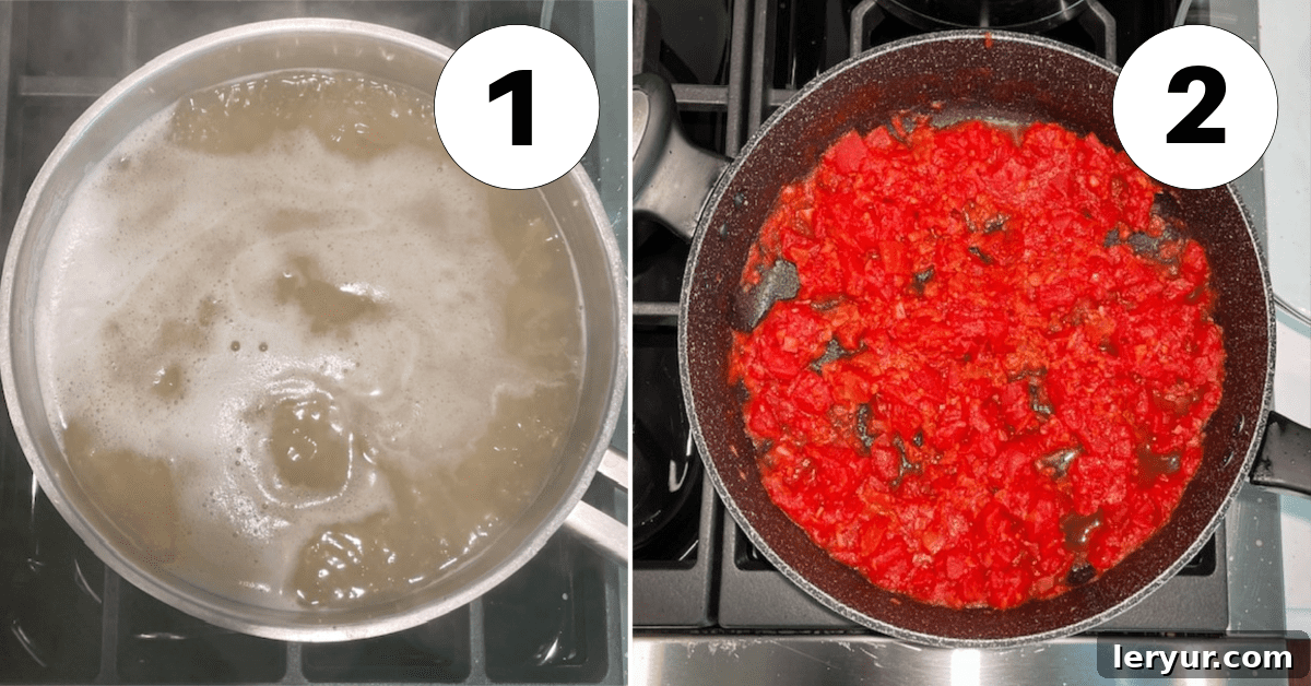 Process shots of Penne alla Vodka preparation: boiling pasta and simmering sauce ingredients.