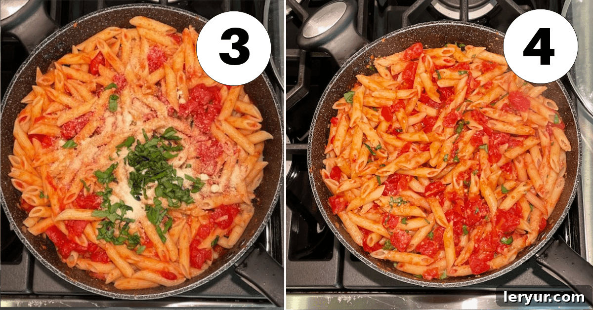 Process shots of Penne alla Vodka preparation: adding cream and basil, then tossing with pasta.