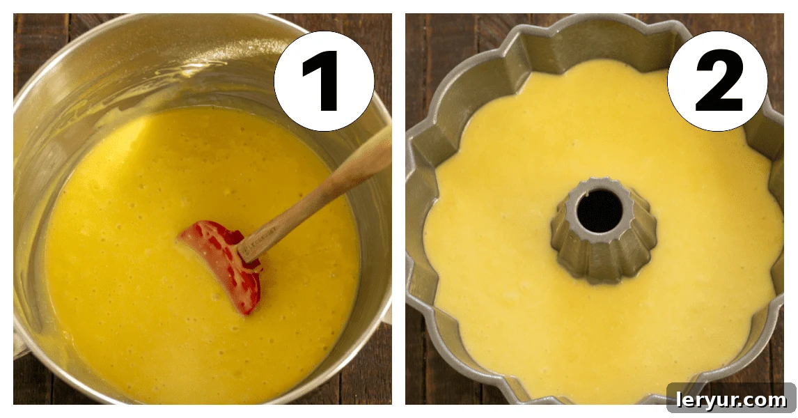 Process shots showing the cake batter being mixed and poured into a prepared Bundt pan for an easy lemon bundt cake.