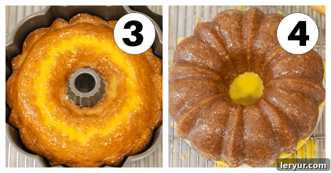 Process shots illustrating the creation and application of the glaze, including poking holes in the cake, for an easy lemon bundt cake.