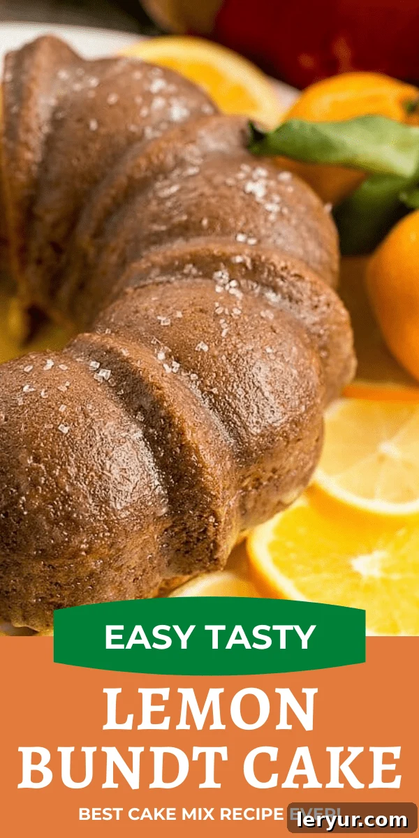 A vibrant photo and text collage featuring the Easy Lemon Bundt Cake, highlighting its key features and delicious appeal.
