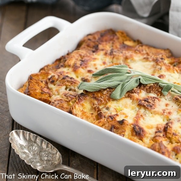 Savory Sausage Croissant French Toast Bake 2 Sausage Croissant French Toast Casserole in a white baking dish, ready to be served.