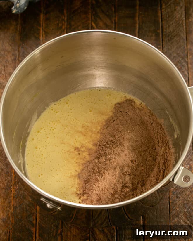 Alternating the addition of dry ingredients and cold coffee into the wet egg and mayonnaise mixture for the chocolate cake.