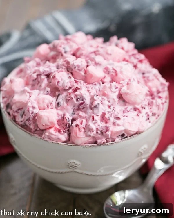 A beautifully presented Cranberry Fluff Salad in a pristine white serving bowl, ready for a festive meal.