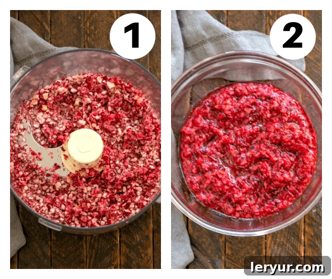 Numbered process shots 1, 2 for making cranberry fluff. Showing cranberries in a food processor, and cranberries mixed with sugar in a bowl.