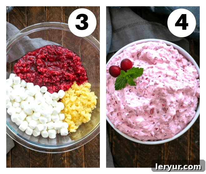 Numbered process shots 3, 4 for making cranberry fluff. Showing ingredients in a bowl, and then the finished cranberry fluff salad being folded.
